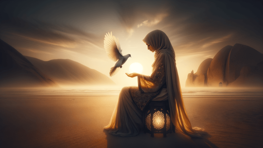 Woman holding the sun and a dove of peace landing in her hands