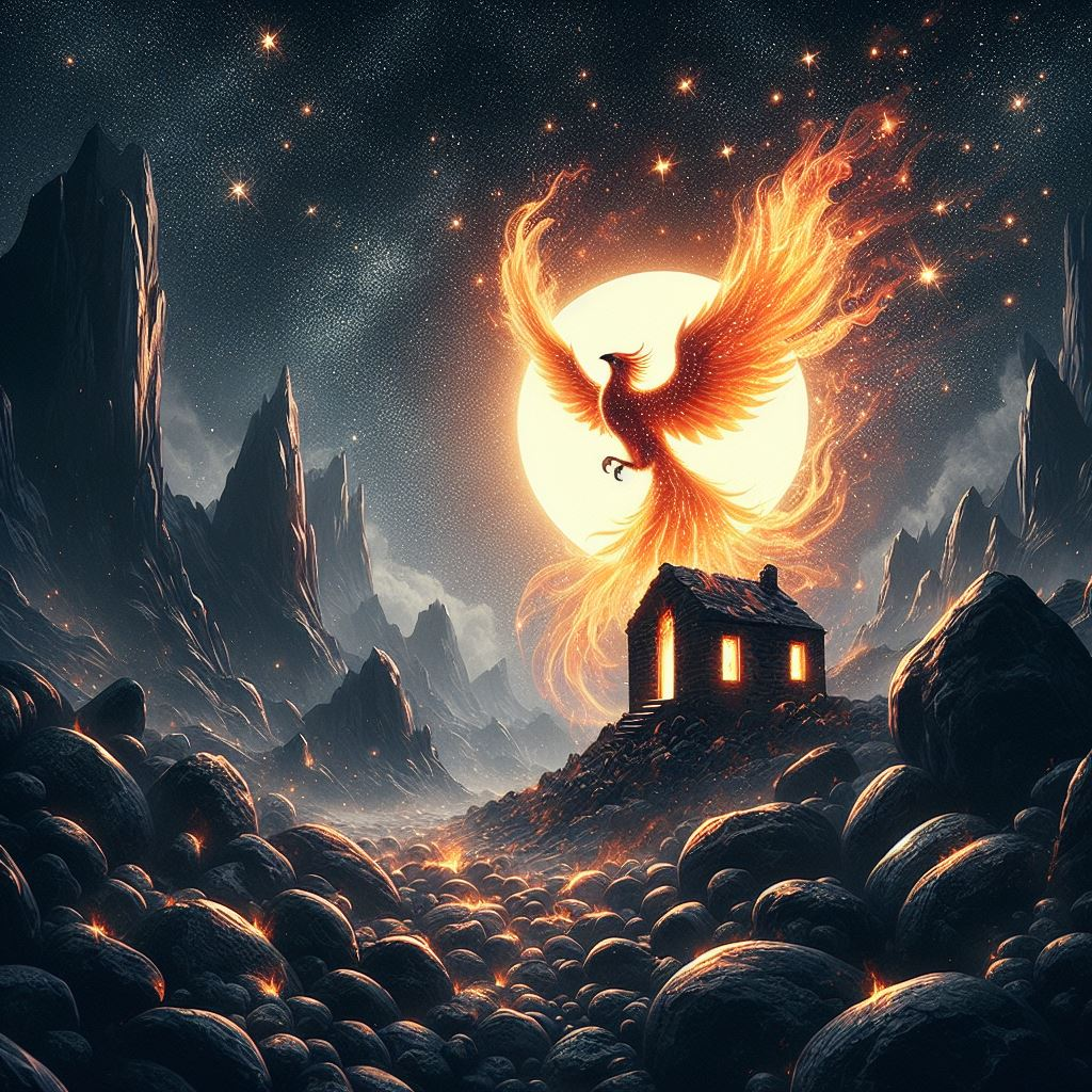 A Phoenix rising represents transformation through challenges